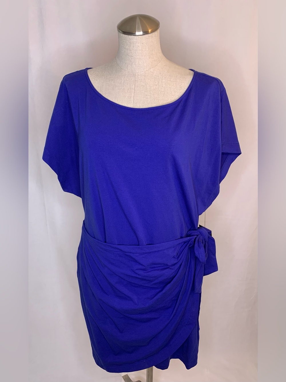DKNY Faux Wrap Sheath Dress size XL Blue Flattering Cotton Dress Stretch NWT